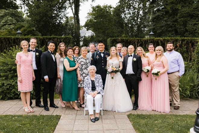The marriage ceremony of Lindsey Kleyer Choi and Junseong Choi. A micro wedding with 18 guests held at Whitehall, an historic home in Louisville. June 27, 2020.